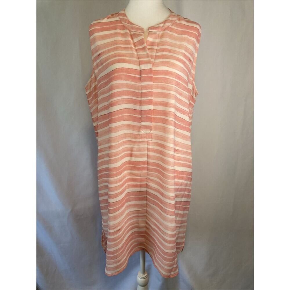 Vince Camuto Shirt Dress L Pink Striped Hi Low Sleeveless Pullover Casual Tunic